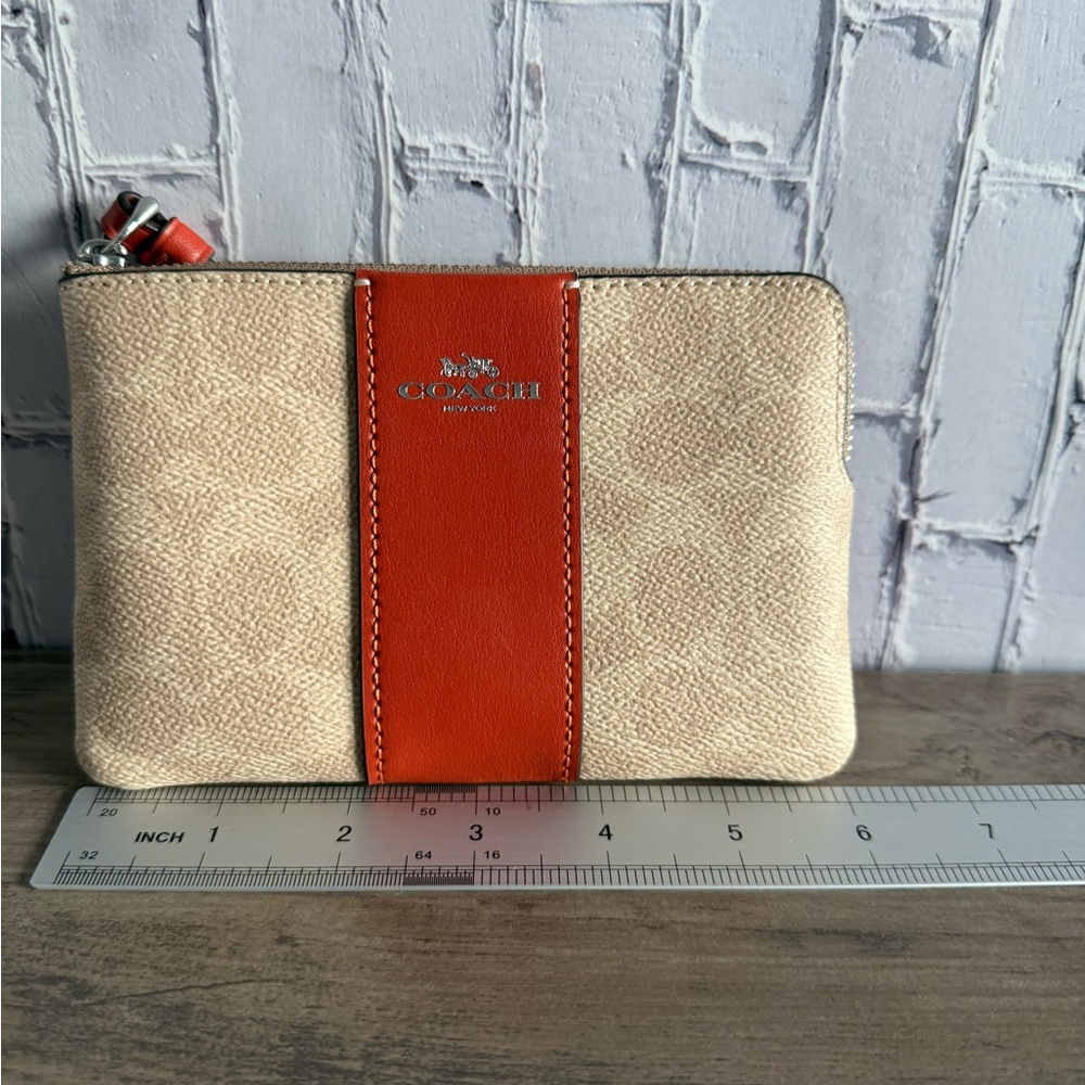 Coach Corner Zip Wristlet Canvas With Stripe orange/silver small pouch CW854 - Picture 3 of 6